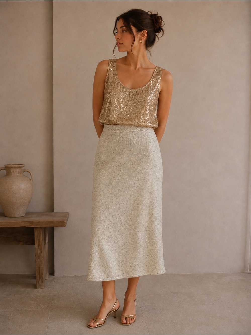 Zara Metallic Gold Sequin Knit Midi Skirt Size Large